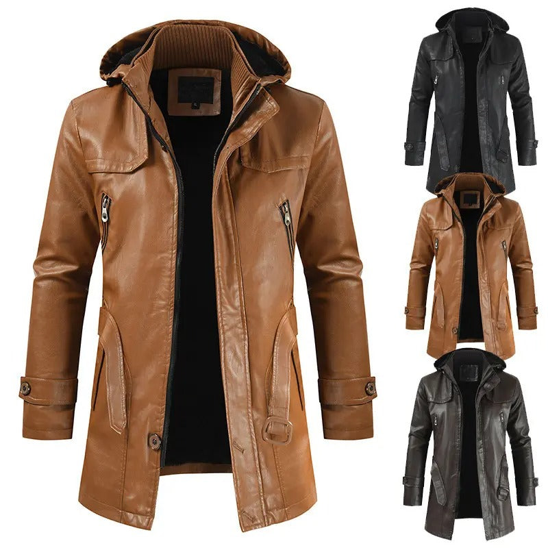 Men's Mid-Length Leather Jacket Youth PU Leather Windbreaker Jacket | XT1045