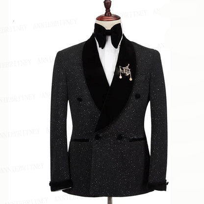 Shining Jacket With Pants Set Suits 2 Pieces Groom Tuxedos Black Flat Velvet Shawl Collar Wedding Suits Tuxedos | LL830