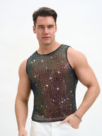 WINUU Men‘s Mesh Sequin Tank Top Rave Party Vest for Clubs & Music Festivals Shiny Glitter Muscle Tee Shirt