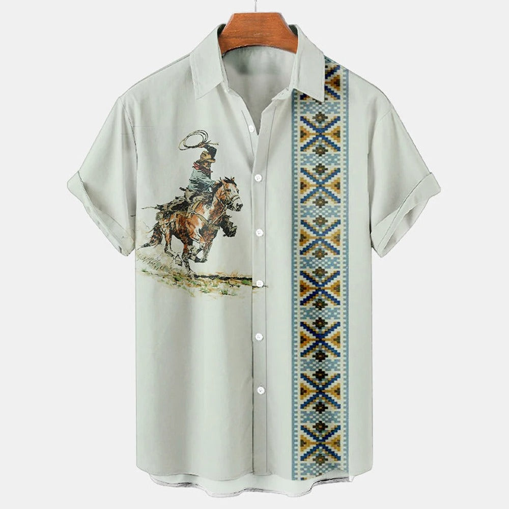 Vintage Ethno Print Herren Casual Kurzarm T-Shirt Cowboy Revers Knopf Bluse Streetwear Poloshirt 