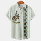 Vintage Ethno Print Herren Casual Kurzarm T-Shirt Cowboy Revers Knopf Bluse Streetwear Poloshirt 
