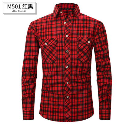 Men Slim Wear Plaid Premium Long Sleeve Double Pocket Flannel Foreign Trade Shirt | M501