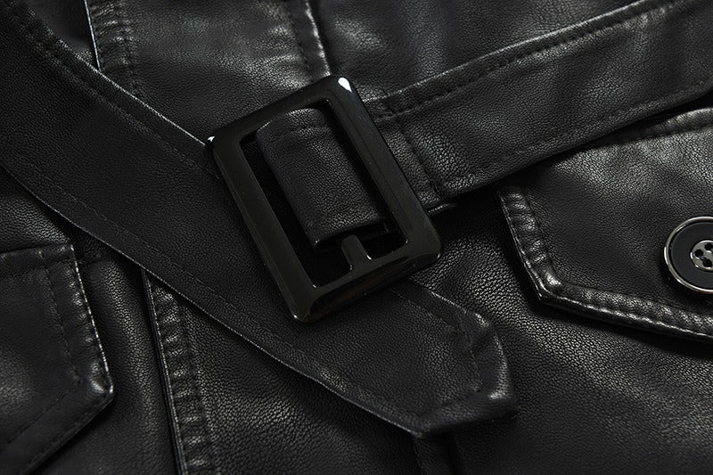 Hochwertige lässige PU-Lederjacke, wasserdicht, dick, Stehkragen, Reißverschluss, langer Mantel 