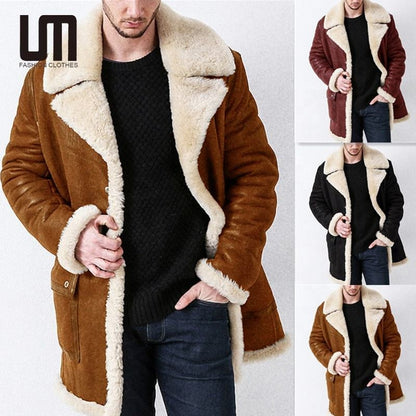 Men's Winter Leather Coat – Long Faux Fur Warm Overcoat Jacket | 6011#