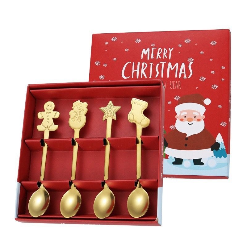 4PCS Christmas Stainless Steel Coffee & Dessert Spoons - Festive Tableware & Gift Set |