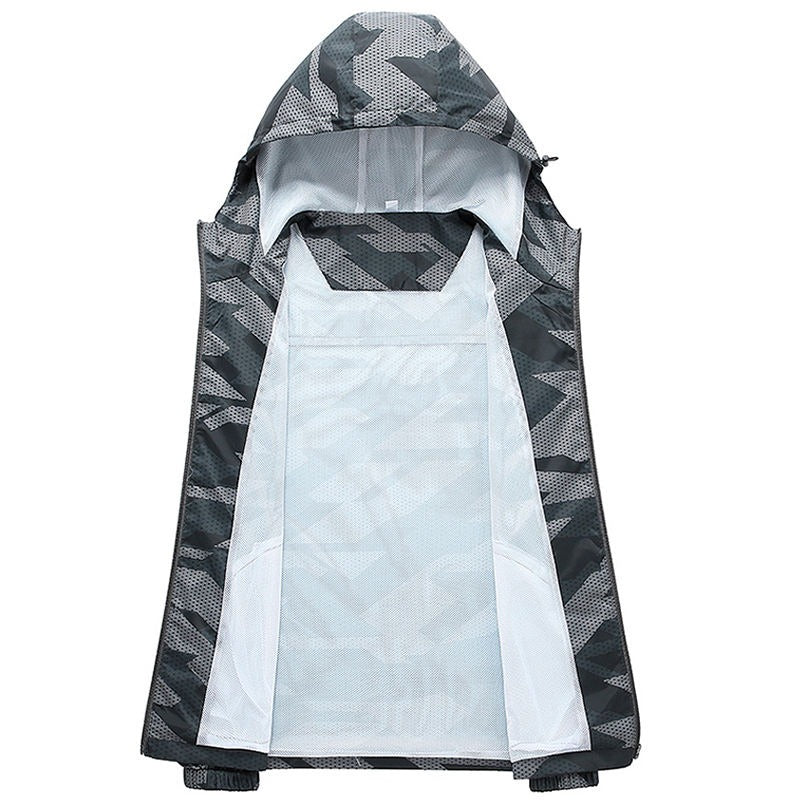 Herrenjacken, vollständig mit Camouflage-Muster bedruckt, leichte Jacken, Trenchcoat-Windbreaker mit durchgehendem Reißverschluss und Kapuze | 