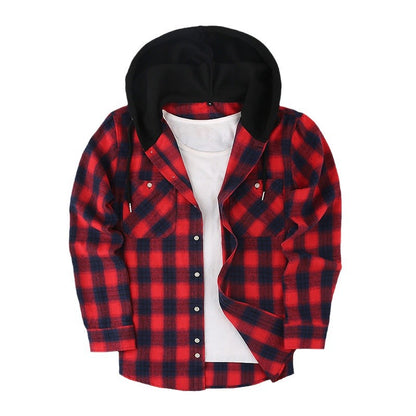 Chic Color Block Men's Plaid Pattern Hooded Long Sleeve Shirt Jacket With Drawstring And Pocket Spring Fall Outwear