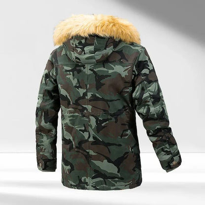 Men's Military Camouflage Fleece Lined Drawstring Thick Parka Casual Cargo Bomber Multi Pockets Jacket Cotton Canvas Fur Hooded Coat