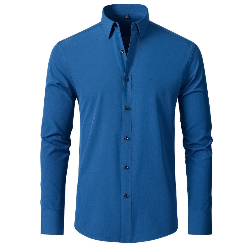 Camicia da uomo elasticizzata casual da lavoro a maniche lunghe, tinta unita, slim, non stirabile, elasticizzata 