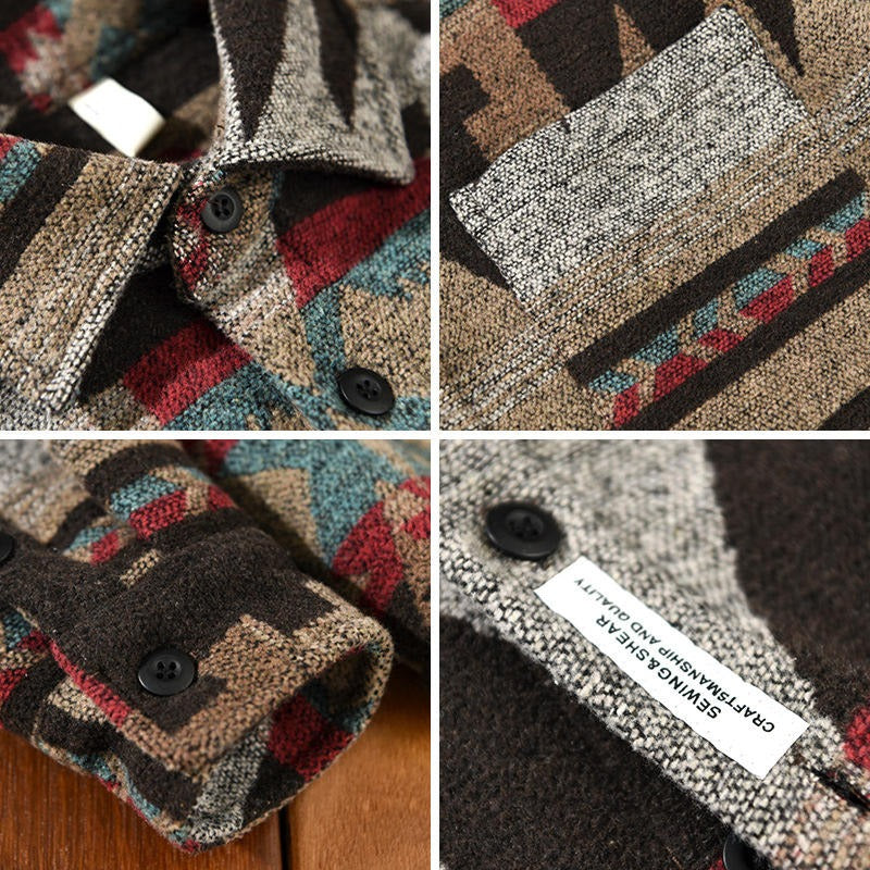 Herren Vintage Loose Fit Ethnic Aztec Geometric Print Shirt Top Pocket Woolen Shacket Plus Size Jacke | SYG-2580 