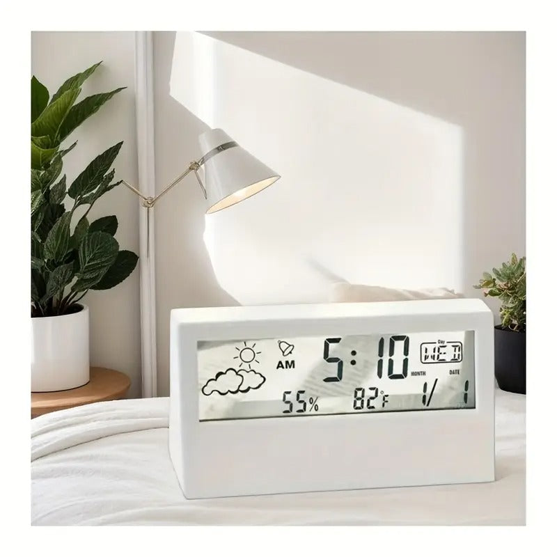Moderne transparente LED-Digitaluhr – Temperatur und Luftfeuchtigkeit, Wettersymbole, Heim- und Bürodekor | 2158 