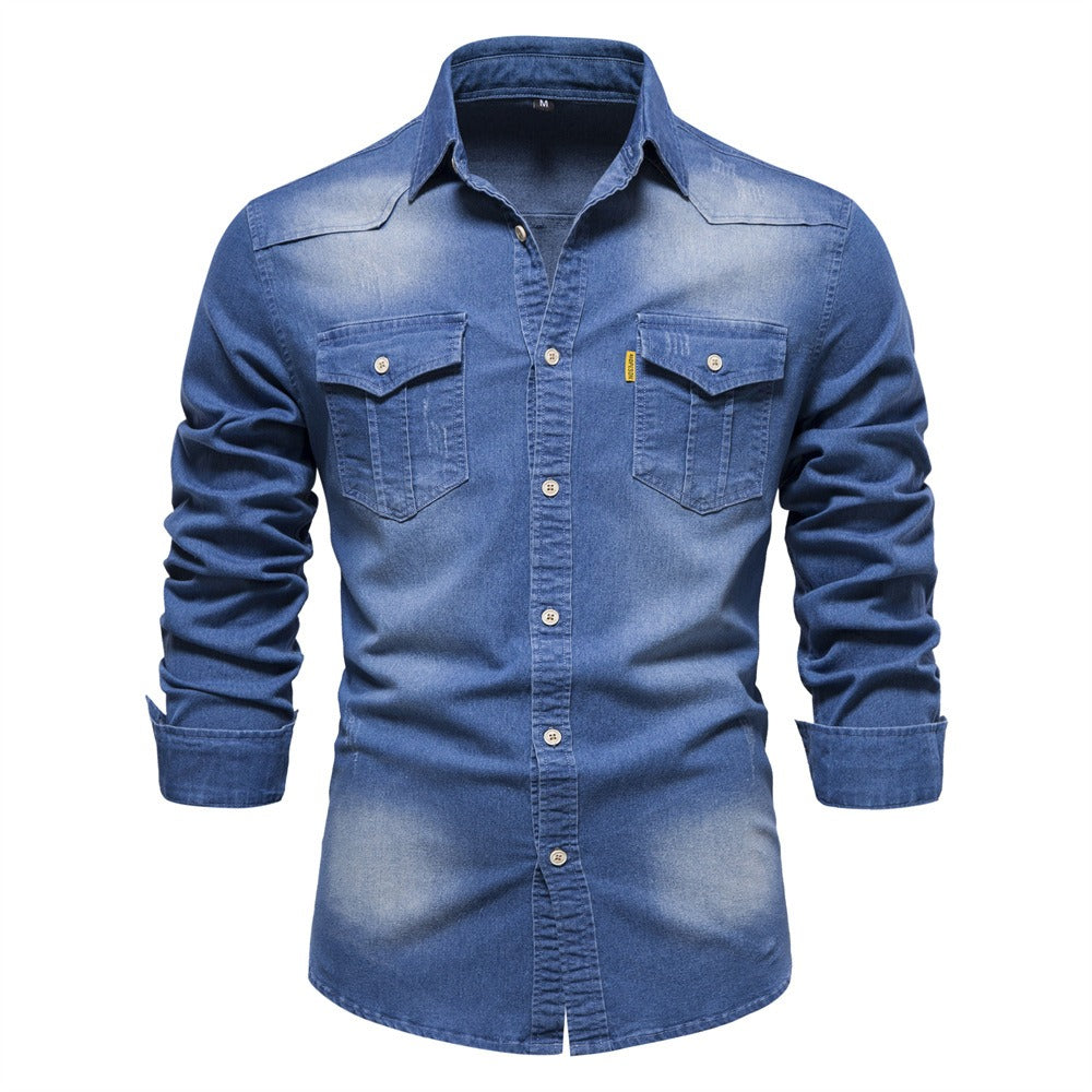 Herren Langarm Denim Bügelfreies Freizeithemd Einfarbig Baumwolle Vintage Style | 6022 