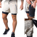 Herren Doppellagige Shorts mit Reißverschlusstasche zum Trainieren, Laufen, Fitnessstudio, Sportfutter | DK-03 