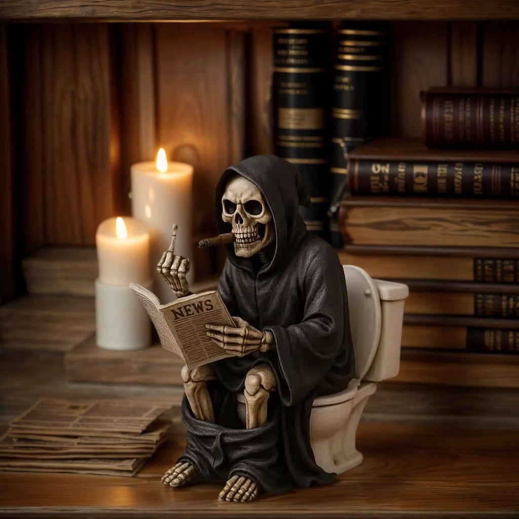Flipping Grim Reaper Toilet Statue | Middle Finger Resin Sculpture for Halloween Décor | Funny Gothic Desk Ornament | 5622