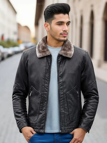 Men's PU Leather Jacket Coats High Quality Business Fur Collar Leather Bomber Warm Jacket | 2053