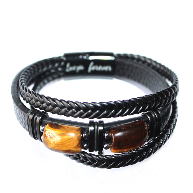 Herrenarmband aus Tigerauge-Stein, mehrlagiges Leder &amp; Seil mit Magnetverschluss | YM-0096-A