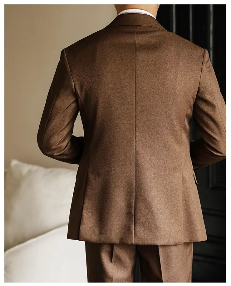 Hochwertiger zweiteiliger Slim Fit Zweireiher Anzug Einfarbig Steigendes Revers Doppelschlitze für Herren | S01 