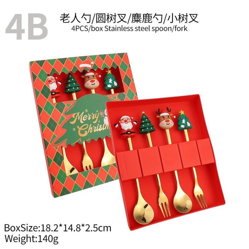 Golden Stainless Steel Cutlery Set - 4pcs Coffee Stir Spoon & Fork for Christmas & New Year Gifts|