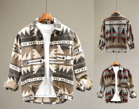 Men's Vintage Loose Fit Ethnic Aztec Geometric Print Shirt Top Pocket Woolen Shacket Plus Size Jacket | SYG-2580