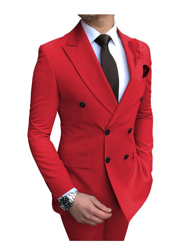 2-teiliger Herrenanzug, zweireihig, Revers, flach, Smart Fit, leger, Smoking, Hochzeits- und Eventanzüge (Blazer + Hose) | 9/7 
