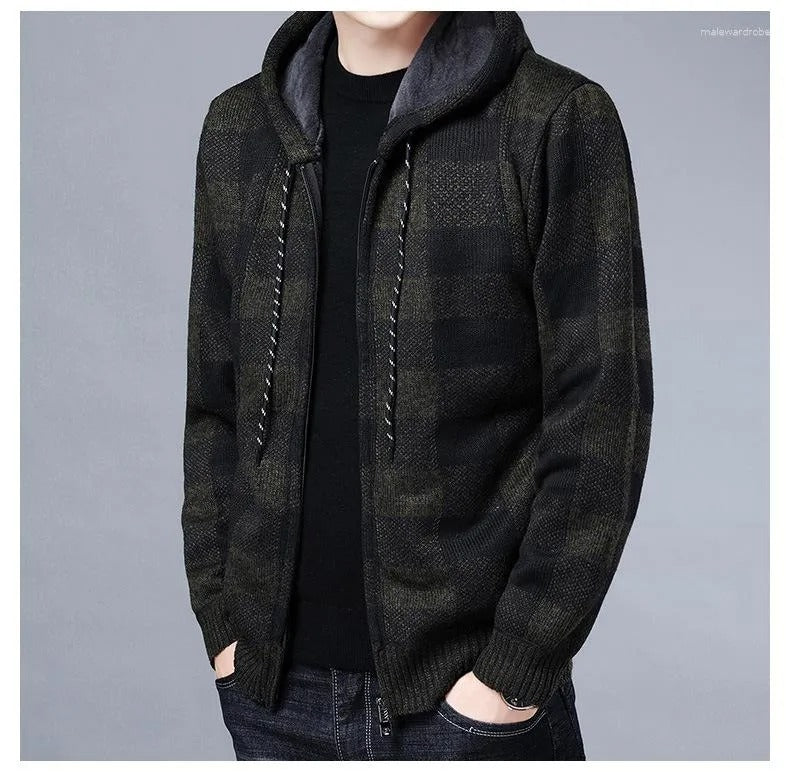 Manteau d'hiver décontracté à capuche pour hommes, tricot, vêtements d'extérieur, pull à carreaux, cardigan à fermeture éclair complète, vestes 