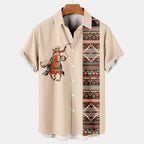 Vintage Ethno Print Herren Casual Kurzarm T-Shirt Cowboy Revers Knopf Bluse Streetwear Poloshirt 