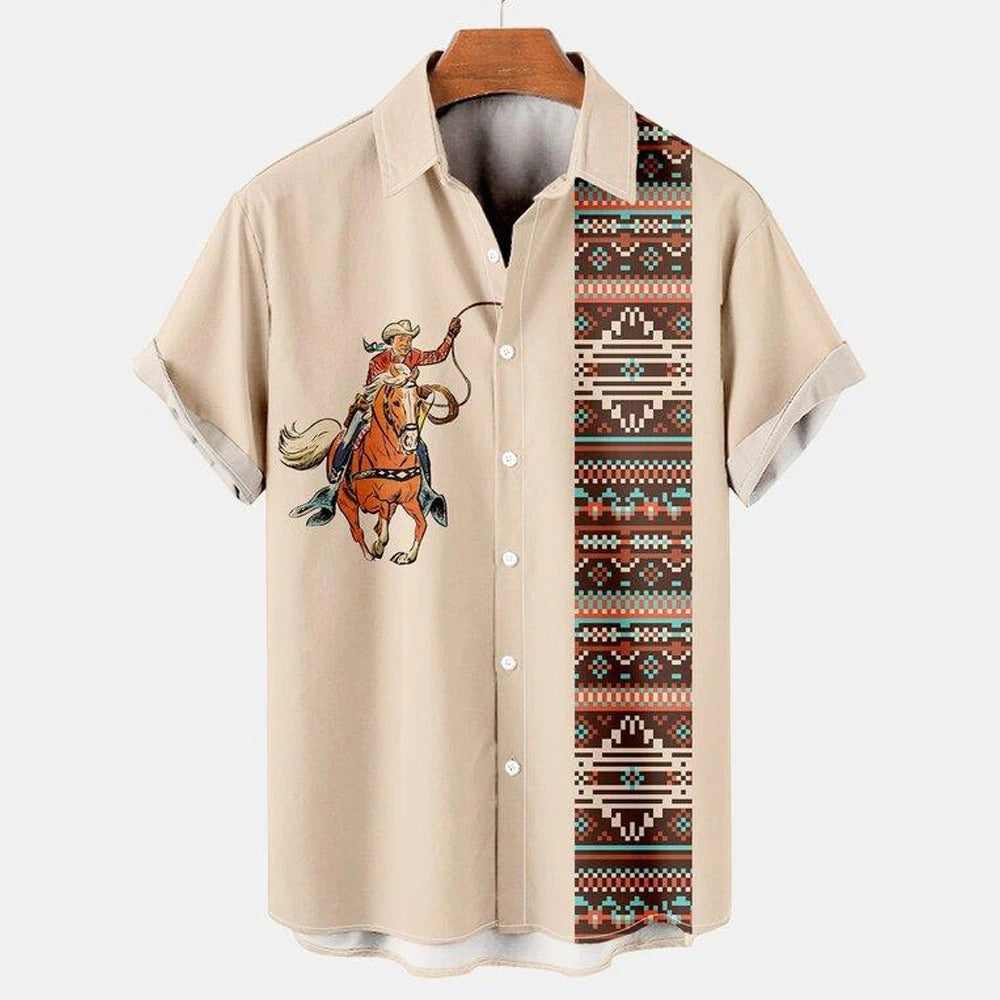 Vintage Ethnic Print Men’s Casual Short Sleeve T Shirt Cowboy Lapel Button Blouse Streetwear Polo Shirt