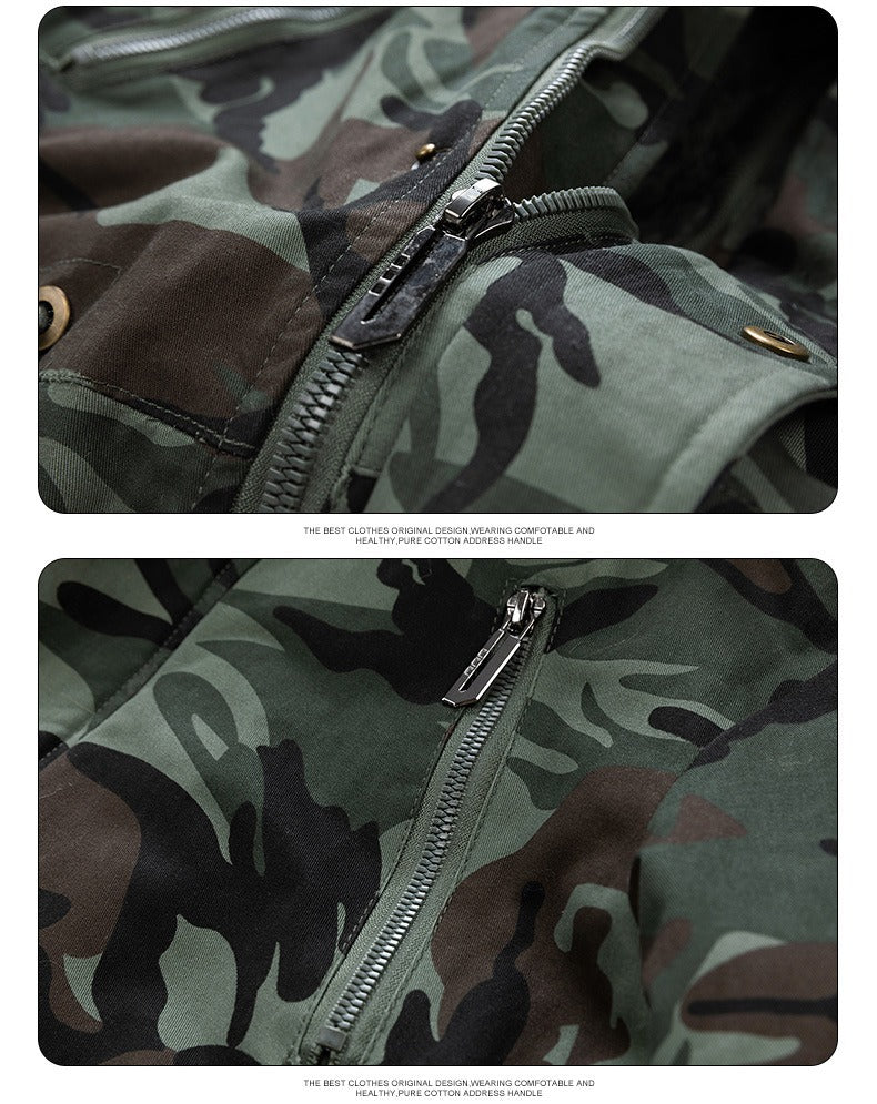 Vielseitige Camouflage-Militärjacke für Herren mit Fleecefutter, Pelzkapuze und mehreren Taschen 