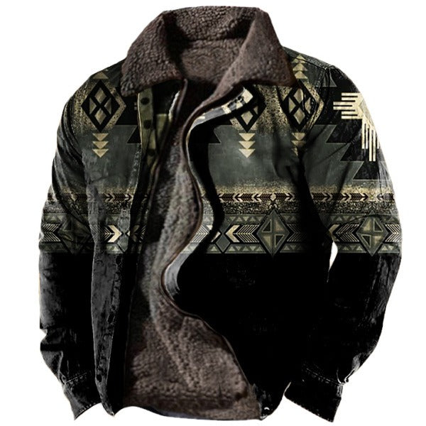 Men's Plus Size Fleece Sherpa Vintage Jacket Aztec Style Zip & Button Up Thick Winter Tactical Lapel Collar Cargo Coat