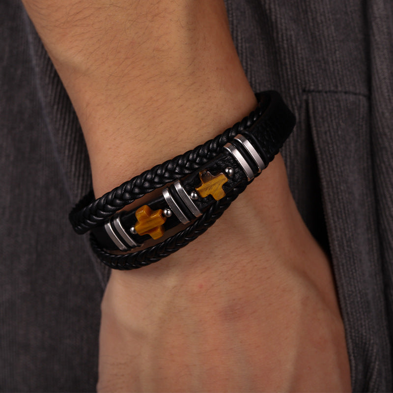 Herren Magnetisches Lederarmband Tigerauge Stein &amp; Doppelkreuz Edelstahl | YM-0361