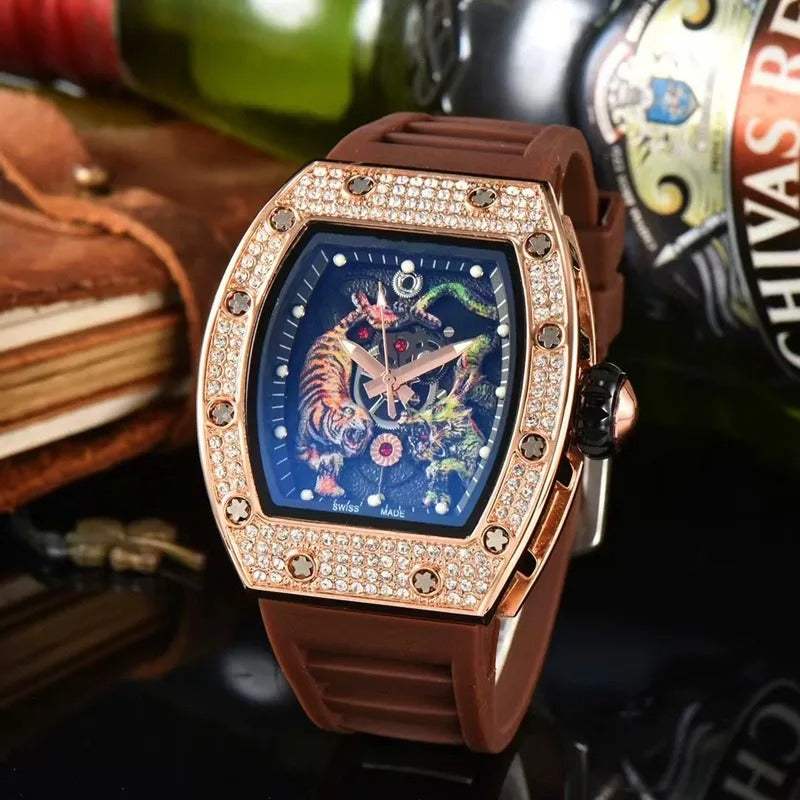 Herren Top RM Luxusuhr Leuchtendes Drachentiger Diamantmuster Automatische Gummiuhr | 9924LH 