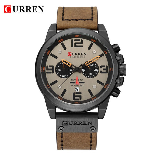 Montre-bracelet chronographe en cuir pour homme, montre-bracelet à quartz, calendrier, militaire | 8314 