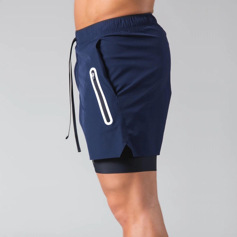 Herren Doppellagige Shorts mit Reißverschlusstasche zum Trainieren, Laufen, Fitnessstudio, Sportfutter | DK-03 