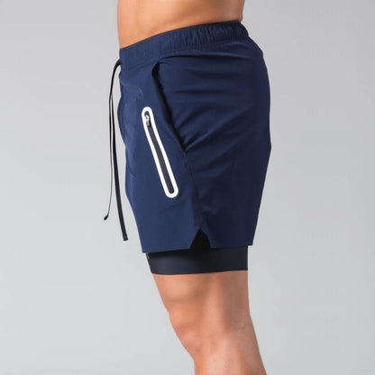 Short de sport à double épaisseur avec poche zippée pour homme, pour entraînement, course à pied, gym | DK-03 