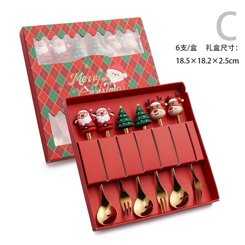 6Pcs Christmas Gifts Style Stainless Steel Doll Dessert Spoon Fork Gift Box Cutlery Set |