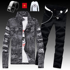 Herren Jeansjacke Jeanshose Buchstaben Druckhose 3-teiliges Set Casual Single Breasted 