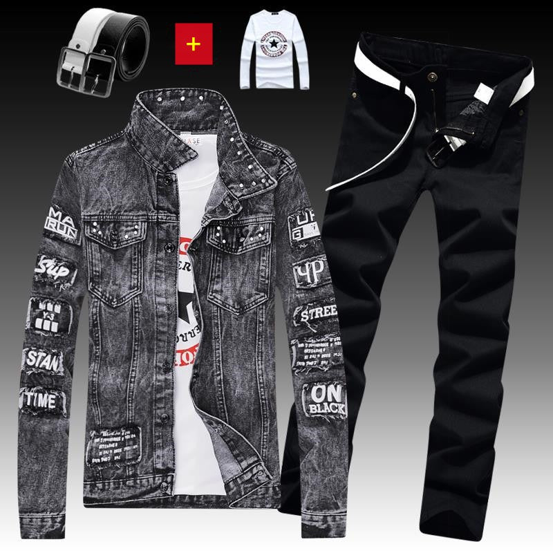 Herren Jeansjacke Jeanshose Buchstaben Druckhose 3-teiliges Set Casual Single Breasted 
