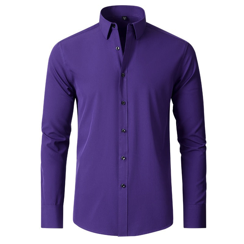 Camicia da uomo elasticizzata casual da lavoro a maniche lunghe, tinta unita, slim, non stirabile, elasticizzata 