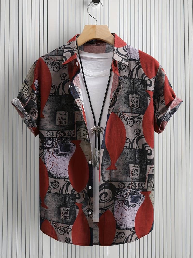 Herren-Hemd mit kurzen Ärmeln und Knopfleiste, Reverskragen, geometrischer Druck, lockere Passform, atmungsaktives, schnell trocknendes Baumwollmischhemd 