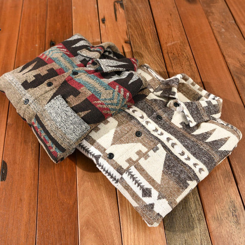 Herren Vintage Loose Fit Ethnic Aztec Geometric Print Shirt Top Pocket Woolen Shacket Plus Size Jacke | SYG-2580 