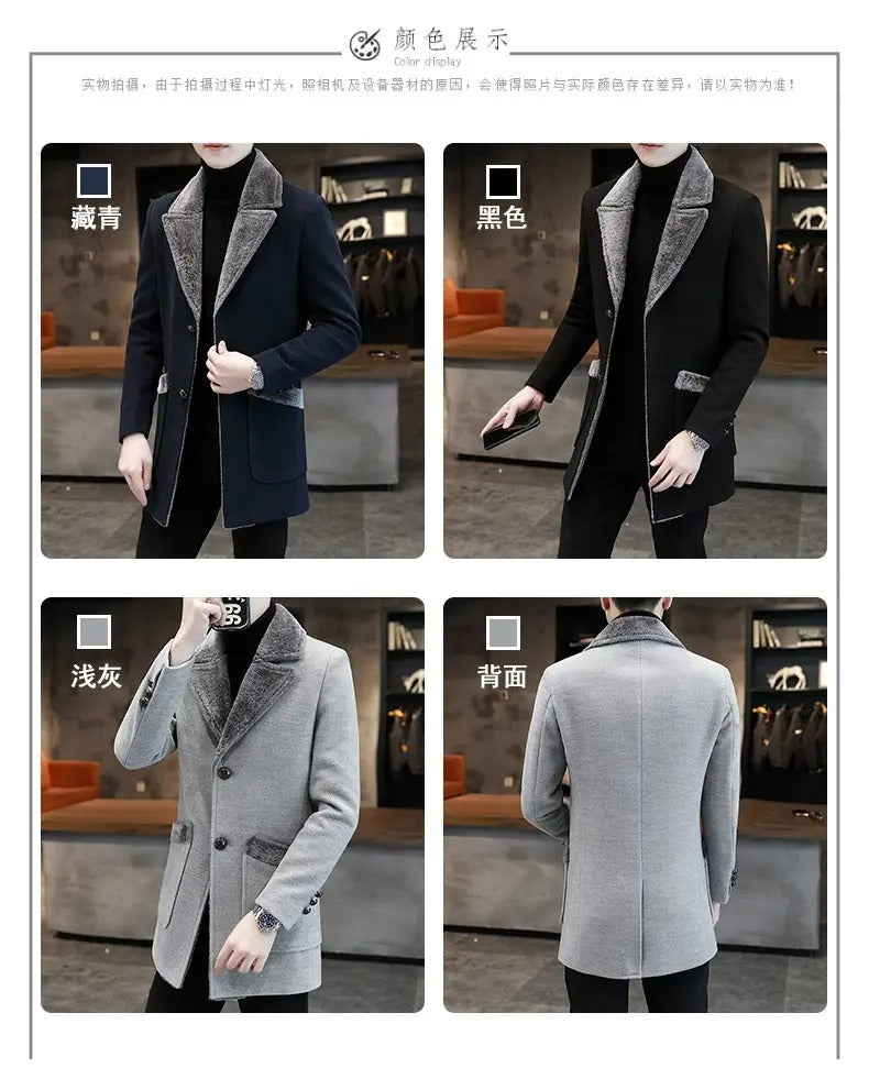 Herren Winter Trenchcoat mit Pelzkragen Slim Fit Mittellanger Mischmantel für kaltes Wetter | D-3229 