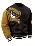 Herren-Sweatshirt mit Cartoon-Bär-Stickerei, Rundhalsausschnitt, Übergröße, Polyestergewebe, lebendiges Tiermuster, Oberteil, Freizeitkleidung, Strickstoffhemd