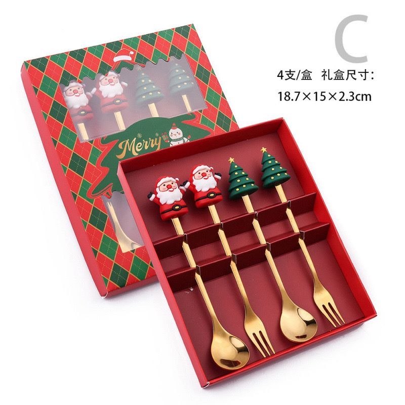 Golden Stainless Steel Cutlery Set - 4pcs Coffee Stir Spoon & Fork for Christmas & New Year Gifts|