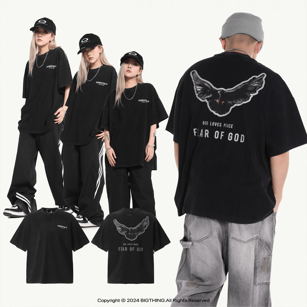 FOG Vintage Retro Taubendruck Halbarm T-Shirt Unisex Trendy Doppellinien Design T-Shirt | FOG 