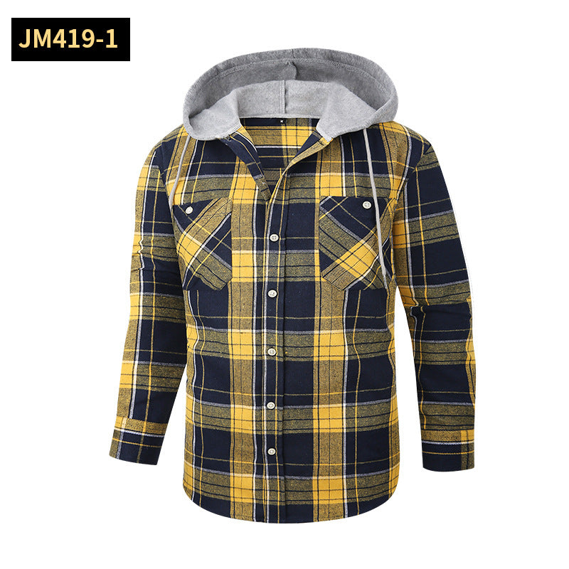 Chic Color Block Men's Plaid Pattern Hooded Long Sleeve Shirt Jacket With Drawstring And Pocket Spring Fall Outwear