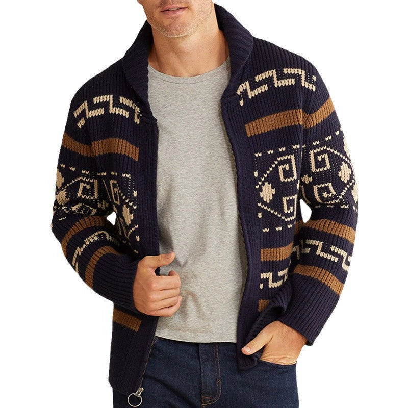 Stilvolle Slim Fit Jacquard-Strickjacke für Herren mit langen Ärmeln, lässiger Reverspullover | SY0013 
