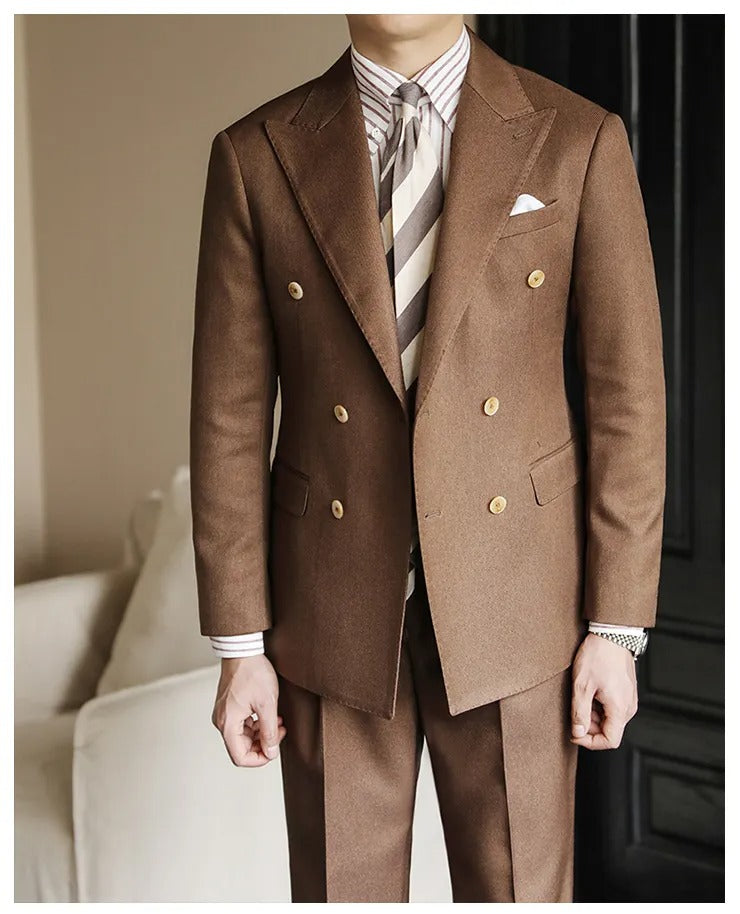 Hochwertiger zweiteiliger Slim Fit Zweireiher Anzug Einfarbig Steigendes Revers Doppelschlitze für Herren | S01 