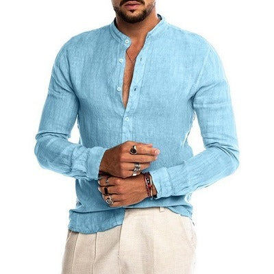 Men's Casual Shirts Solid Color Linen Long Sleeve Stand Collar Cardigan Shirt | 418