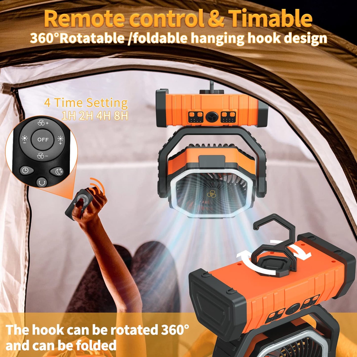 Ventilateur de camping portable rechargeable d'extérieur avec crochet, ventilateur de table USB avec lumière LED d'urgence et banque d'alimentation pour pique-nique, randonnée, pêche 