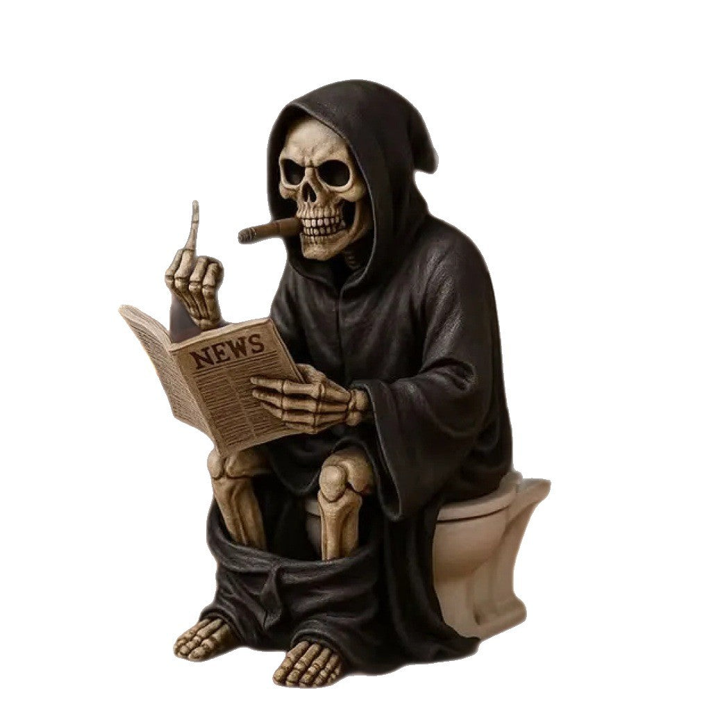 Flipping Grim Reaper Toilet Statue | Middle Finger Resin Sculpture for Halloween Décor | Funny Gothic Desk Ornament | 5622